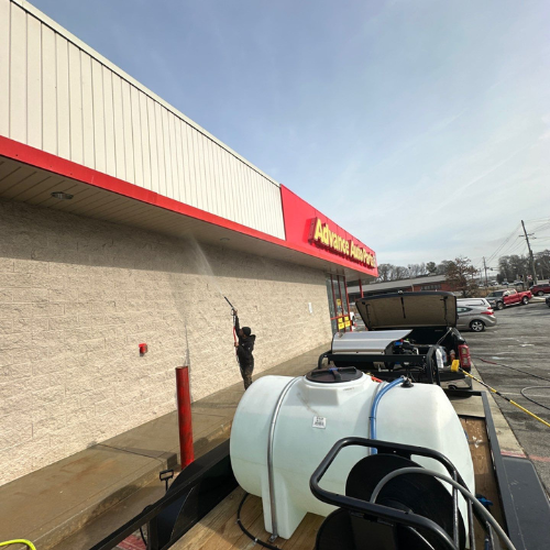 Commercial building before and after exterior cleaning - Gwinnett County GA